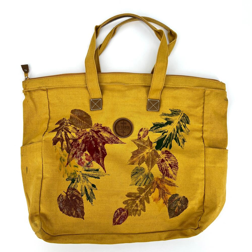 Vintage Gitano Naturals Zippered Tote Bag Fall Botanicals on Mustard Canvas
